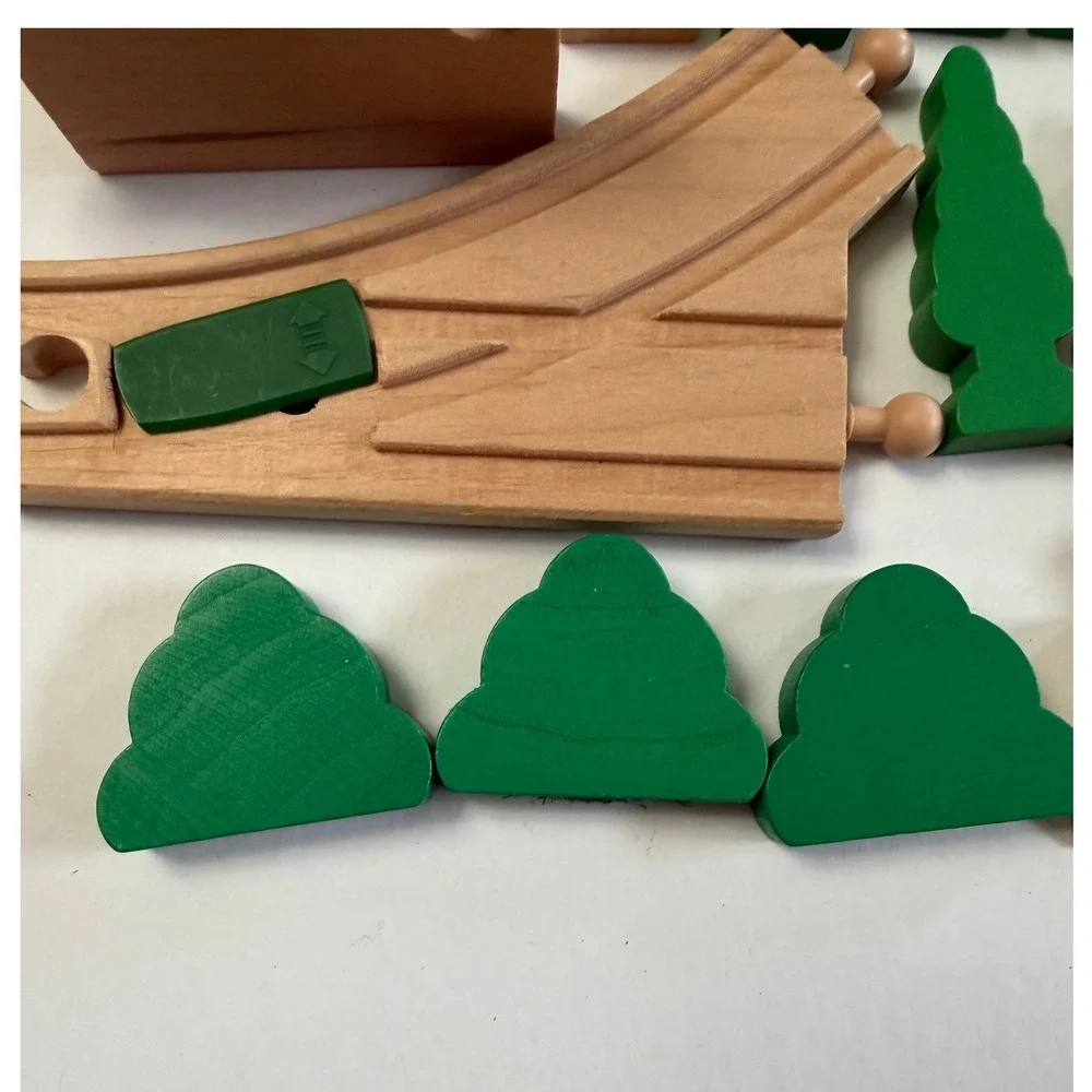 Assortment of Wooden Train  Accessories Track Signs Trees Green Brown
